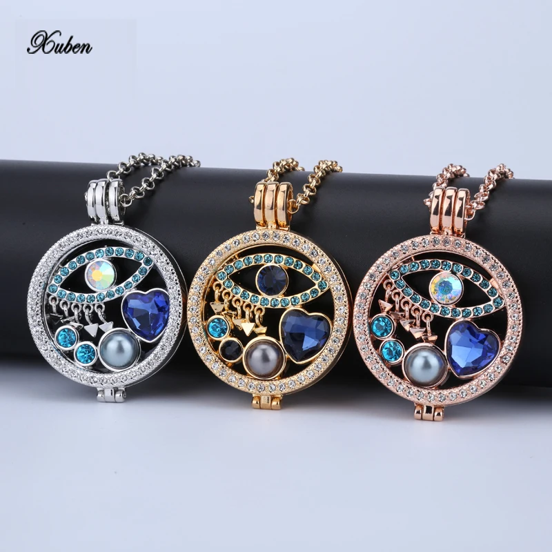 

New 35mm coin necklace pendants set disc fashion women gift fit 33mm coin holder rhinestone eye style bule crystal 80cm chain