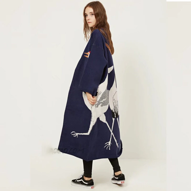 

2019 Stork Female Cardigan Sweater for Women's Winter Jumper Coat Female Kimono Vintage Knitted Long Trench Windbreaker Outwear