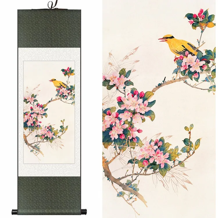 

Chinese Silk watercolor flower and birds Begonia flowers orioles ink feng shui canvas wall picture damask framed scroll painting