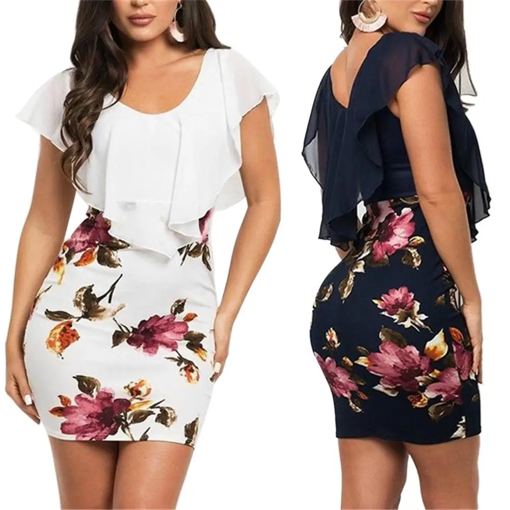 

2019 New Yfashion Women Fake 2 Pieces Flower Printing Slim Dress