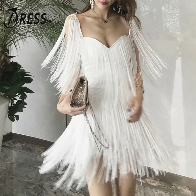 INDRESSME кисточкой с плеча раздельное Бандажное платье Мода для женщин 2019 Платья