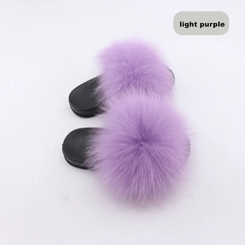 purple ZDFURS/Настоящие лисьи тапочки для девочек детские домашние шлепанцы с мехом для девочек милые летние домашние тапочки с мехом енота для детей - Цвет: purple