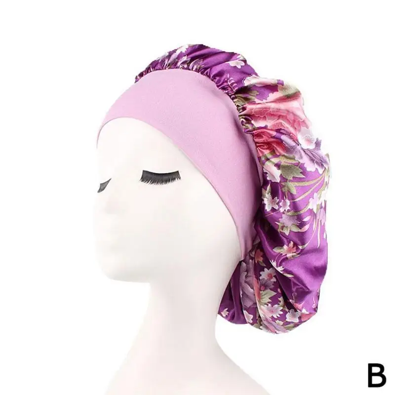 Новая модная женская атласная ночная шапочка для сна, шапка для волос, шелковая шапочка для головы, широкая эластичная шапочка для душа - Цвет: B