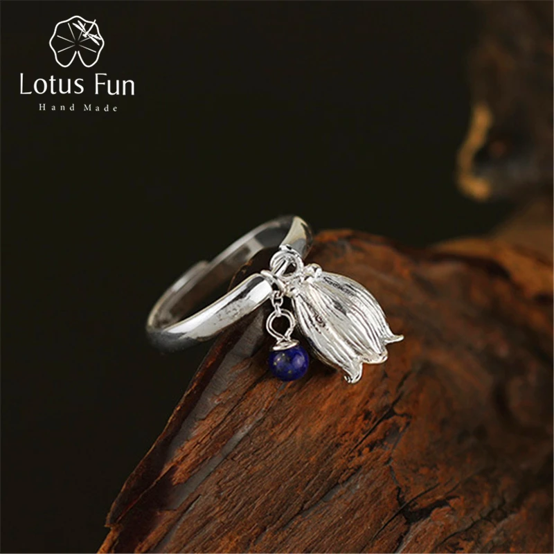 Lotus Fun Real 925 Sterling Silver Natural Lapis Stone Handmade Creative Designer Fine Jewelry Redbud Flower Female Rings Bijoux