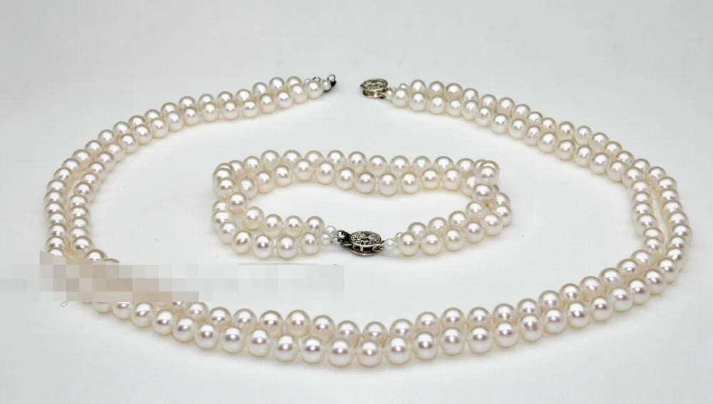 

charm Jew.657 7mm aaa grade white akoya pearl jewelry set double strand necklace bracelet 14k (A0423)