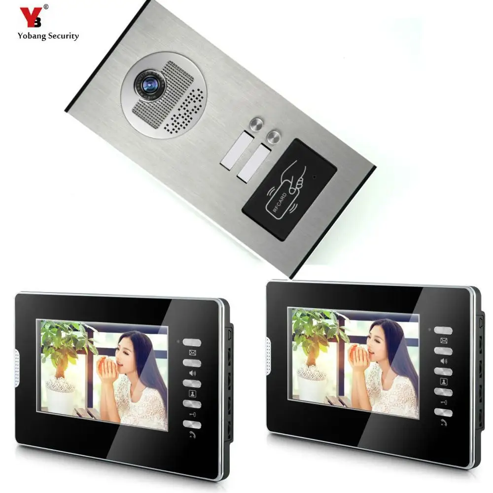 

7'' Wired Video Door Phone Intercom System RFID Access Entry Camera Door Bell 2 Monitors Multi- Apartments/Family/Home