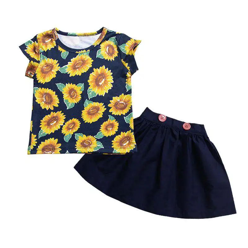 

Summer 1-4Y Kids Girl Floral Clothes Set Cotton Short Sleeve Sunflower T-shirt Tops + Skirt Outfit Child Suit kids clothes
