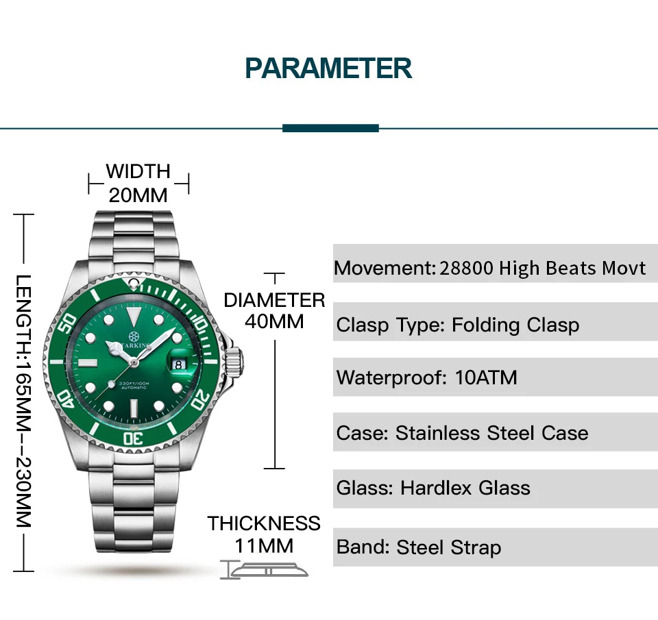STARKING мужские часы 100 м водостойкие часы с зеленым призраком модные механические часы с автоматической датой светящиеся наручные часы