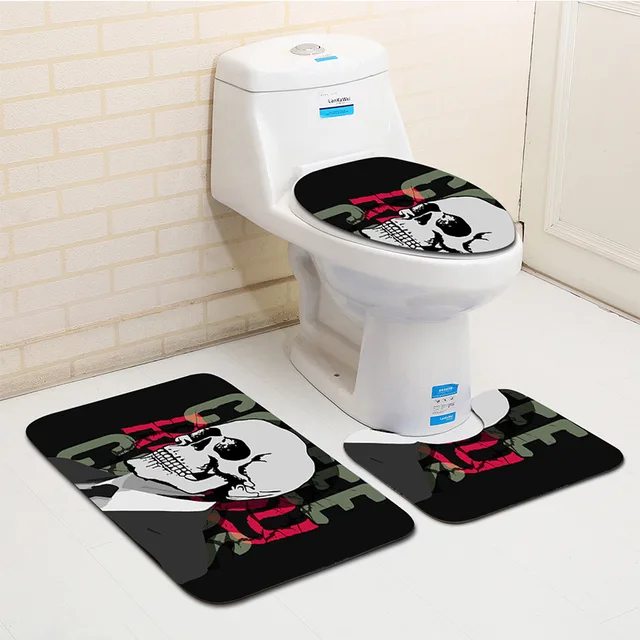 3Pcs Bathroom Toilet Mats Set Skull Series Flannel Printing Bath Mat Comfortable Water-Absorbing Non-Slip Bathroom Rug