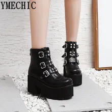 YMECHIC сапоги в стиле «милитари» для Дамская обувь на платформе на высоком блочном каблуке, стиль «панк»; ботинки в готическом стиле с заклепками и пряжкой; ботинки в Военном Стиле Большие размеры 34–45