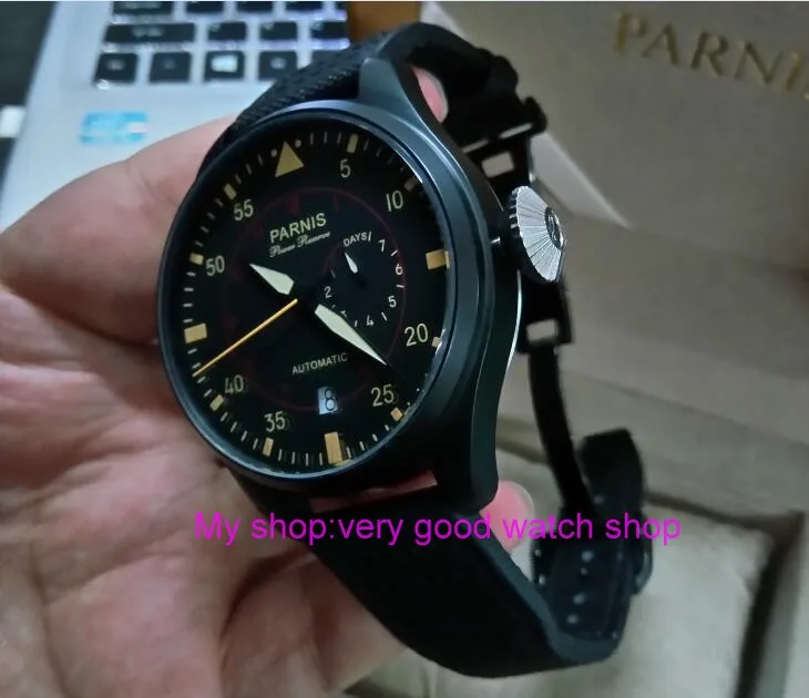 

47mm PARNIS Automatic Self-Wind Mechanical movement men's watch Black dial PVD case power reserve Mechanical watches zd365a