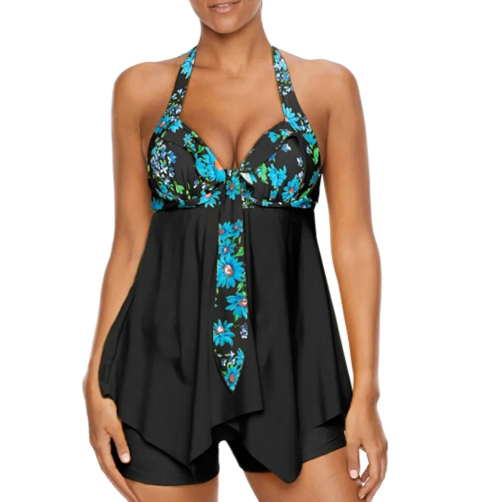 

MUQGEW Womens Sexy Halter Floral Print Swimwear Tankini Push Up Padded Bra Bathing Plus Size Swimsuit Asymmetric Swimdress 2019