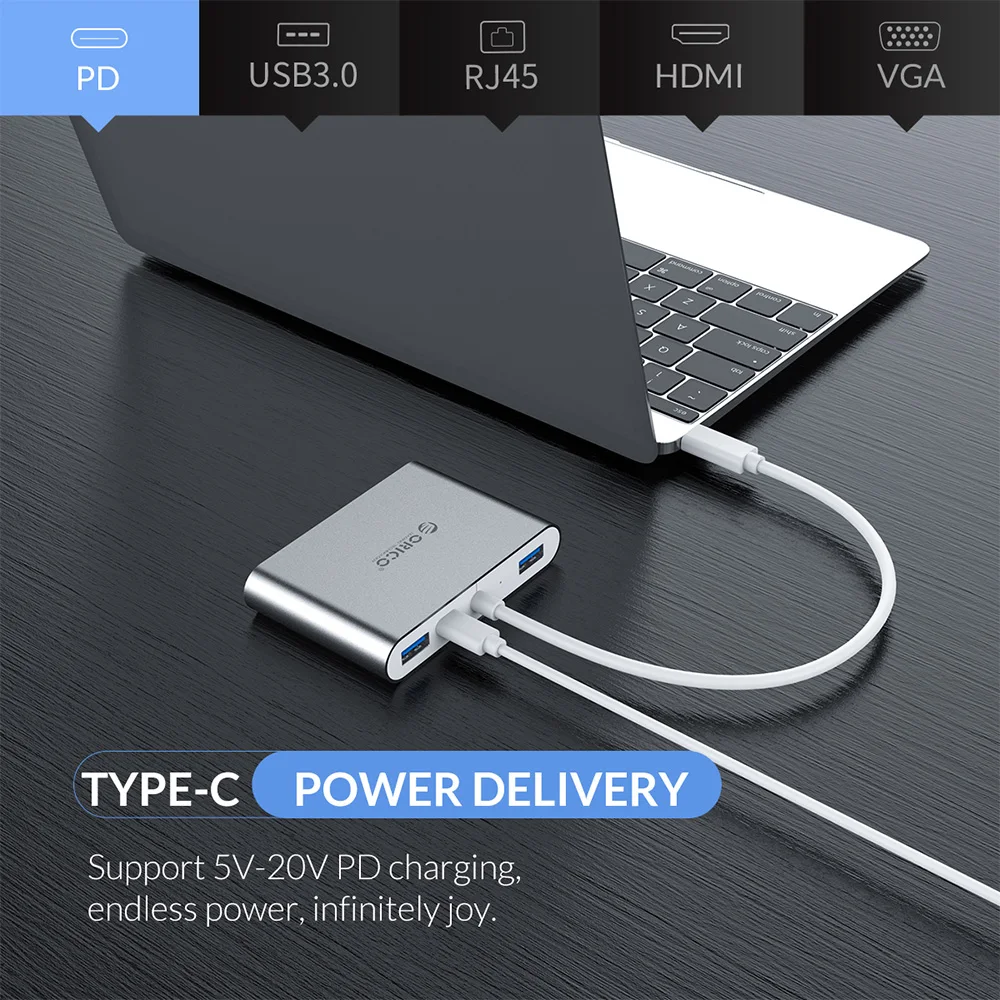 ORICO Type-C HUB USB C to Multi USB3.0 HDMI/VGA/RJ45/SD TF Card Reader Splitter PD Charger Adapter Docking For Laptop Macbook