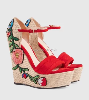 

Black Red Suede Embroidery Floral Shoes Summer Sexy Sandles Ankle Strap Twined High Heel Wedges Women's Platform Wedge Sandals