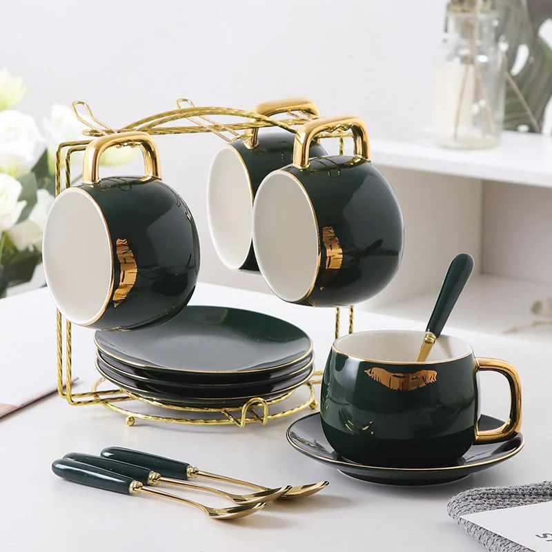 4-piece set Green Модный набор кофейных чашек с принтом губ, фарфоровый набор чайных чашек из костяного фарфора, Набор чашек и блюдцев, чайные вечерние стаканы, свадебные подарки - Цвет: 4-piece set Green
