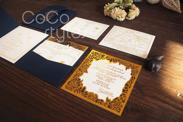 Cocostyles custom super luxury gold laser cut invitation card with die cut pocket envelope for roya - 32889444061
