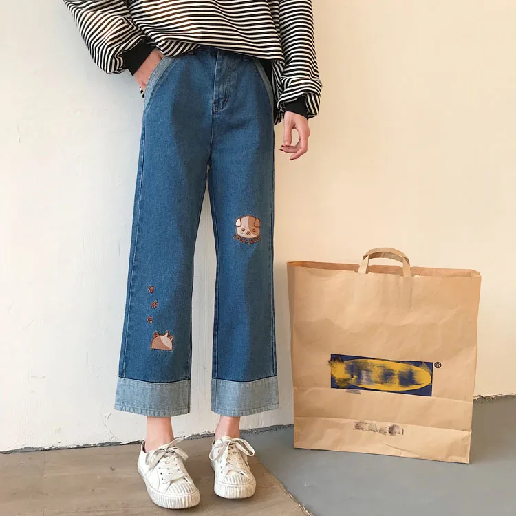 Модные женские джинсовые брюки корейские повседневные милые шикарные брюки с вышивкой Kpop джинсы с высокой талией Харадзюку уличные широкие брюки