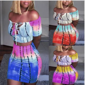 

Sexy Women 2 Piece Set Bodycon Skirt Set Casual Clubwear Party Crop Top Wrap Skirts For Women Slash Neck Female Bandage Clothing