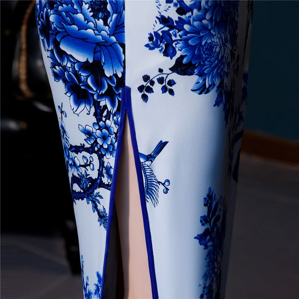 Шанхай история короткий рукав Qipao длинное китайское платье Весна Cheongsam синий и белый фарфор печати Qipao платье для женщин