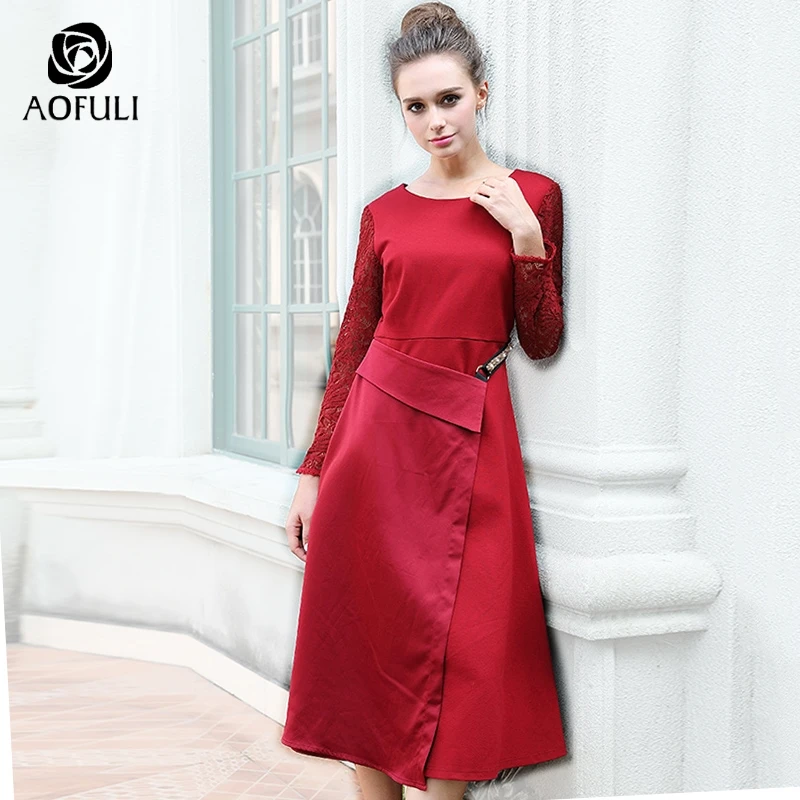 AOFULI M- 4XL 5XL Plus Size Autumn Winter Asymmetrical Long Dress 2017 Brand Floral Lace Sleeve Midi Dress Mid-calf Length 6179
