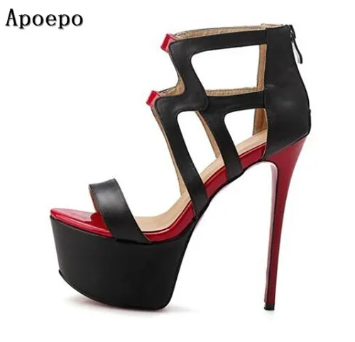 

Hot selling black leather platform sandal 2018 summer sexy cutouts gladiator sandal super high thin heels woman sandal