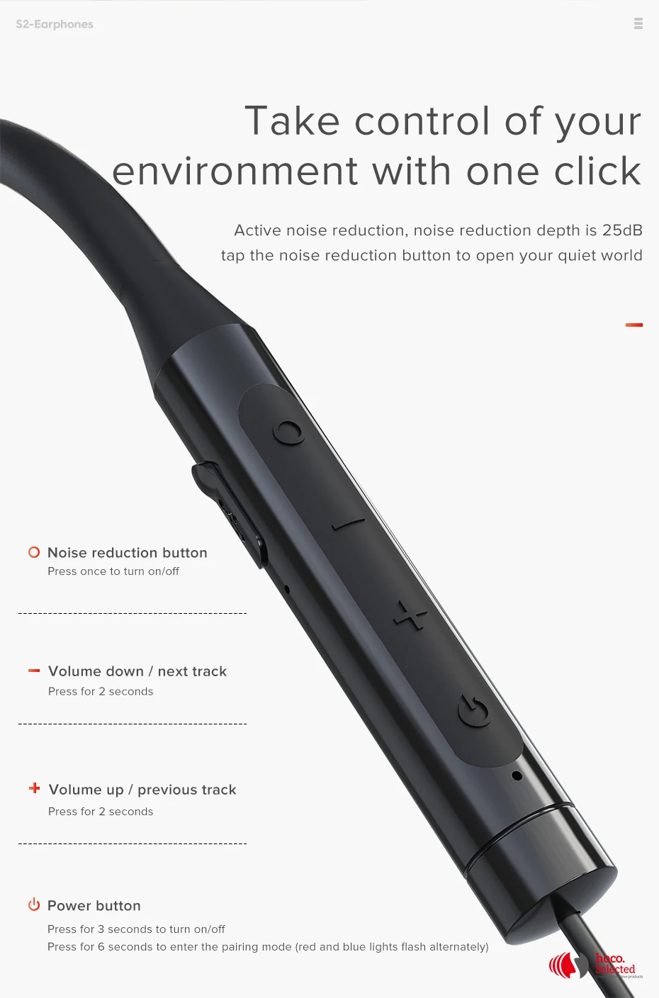 Hoco S2 спортивные bluetooth-наушники с активным контролем шума, беспроводные наушники с микрофоном, стерео объемные басы для iOS Android