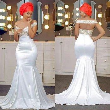 

Sexy OPen Back Off the Shoulder Wedding Dresses Satin Sweep Train Top Beaded Mermaid Arabic Arab Bride Bridal Dress Gown