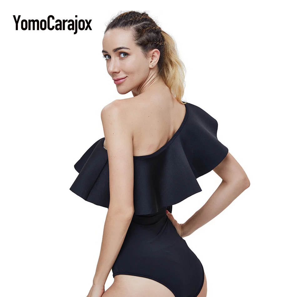 Women Swimwear One Piece Bikini Push Up Summer Sexy One Shoulder Off Beach Bathing Suit Floral Embroidery Flounce Swimsuit