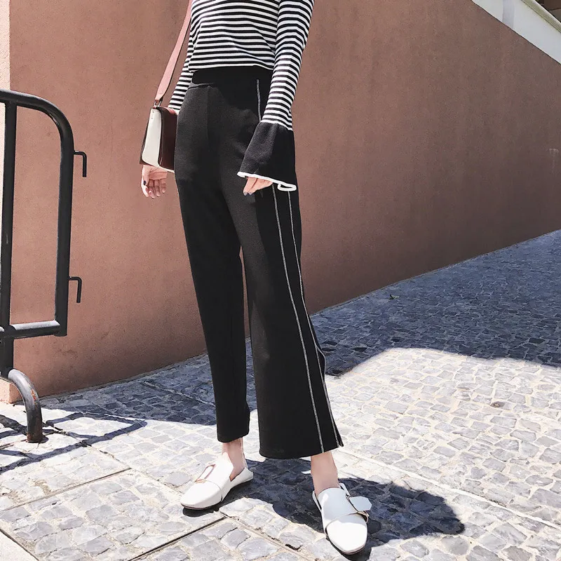 

Black Wide Leg Split Women Pants High Waist Elegant Side Stripe Straight Female Trousers 2019 Fall Feminine Casual Lady Clothes