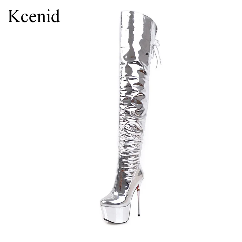 

Kcenid Plus size 33-43 silver patent leather over the knee boots for women platform shoes 16cm high heels long dancing boots