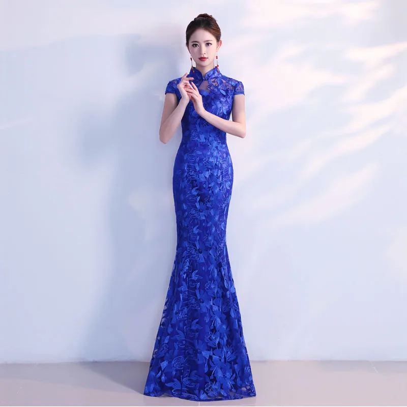 Темно-синие кружево платье Чонсам Свадебные Qipao сексуальный Восточный на день рождения вечернее платье, китайское длинные Традиционный китайский платья для женщин