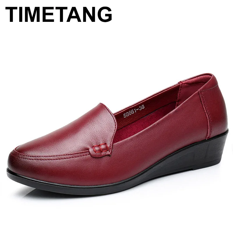 TIMETANG Mother Old Female Women Shoes Flats Cow Genuine Leather Soild Round Toe Slip On PU Superstar Size 35-41 E156