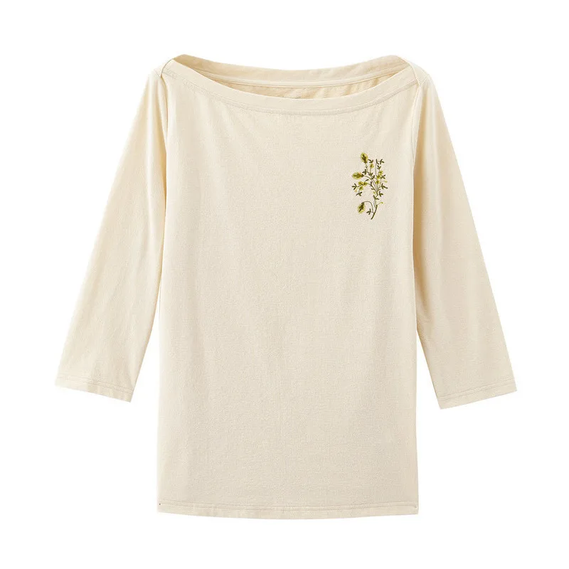  INMAN Spring Autumn Elegant Boat Neck Embroidery Minimalism All Matched Casual Three Quarter Sleeve