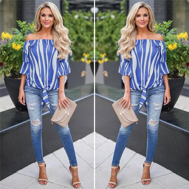 Fashion Shirts Women Blouses Women ' s Tops Casual Half Sleeve Off Shoulder Bandage Stripe Printed Tops Haut Femme