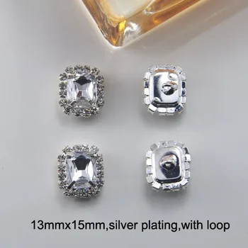 

(M0316) 13mmx15mm crystal button with loop at back, silver or light gold or gold plating,with loop at back