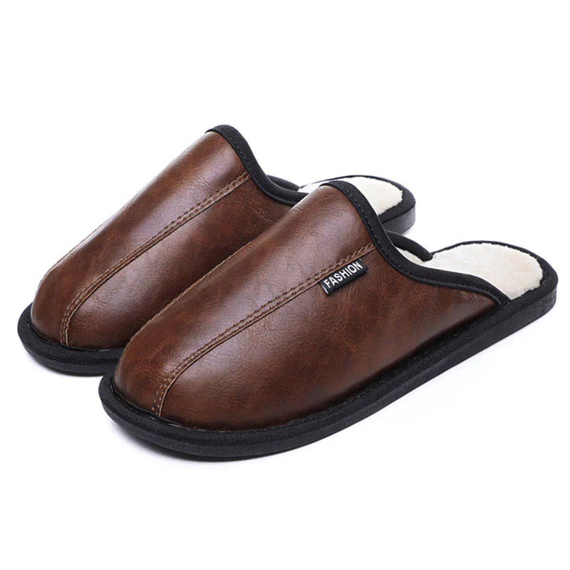 

Winter Couple Leather Cotton Slippers Large Size Men's Shoes Indoor Warm Non-slip Waterproof Cotton Slippers Women Flip flop
