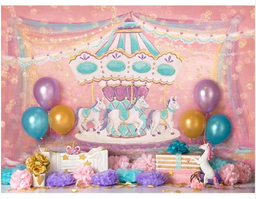 

7x5FT Vintage Carousel Horse Spots Curtain Drape Balloons Baby Shower Custom Photo Background Backdrop Vinyl 220cm x 150cm