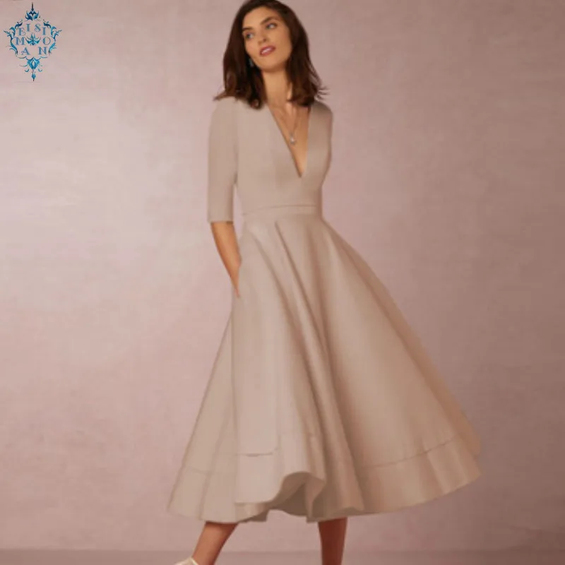 

Ameision Stylish Bohemian Evening Dresses Long Party 2019 Evening Gown V-Neck Tea-Length Stretch Women Banquet Formal Dress