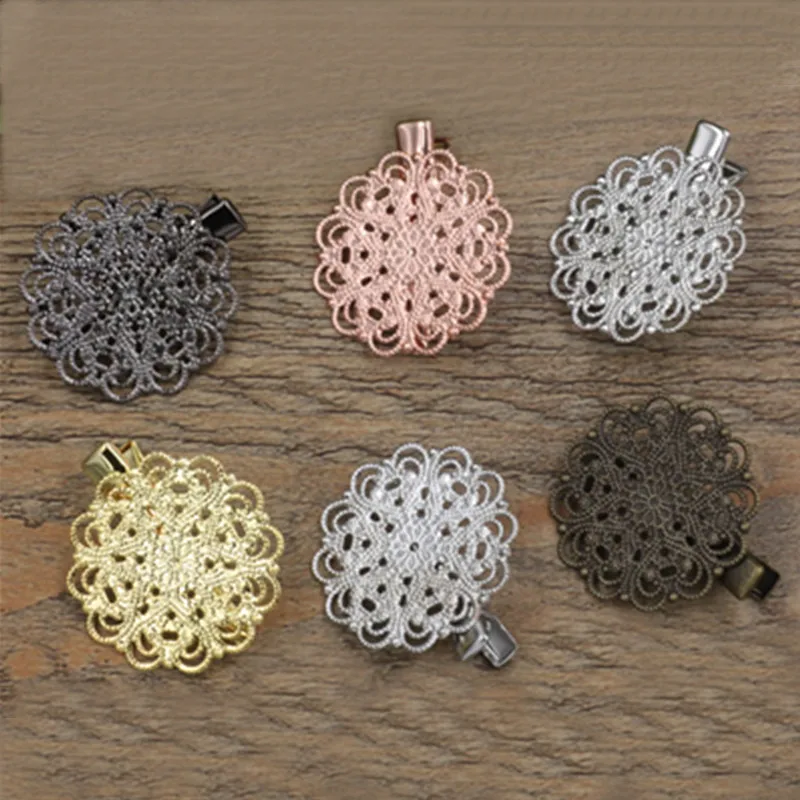 

10 PCS Vintage Metal Copper 30mm Flowers Hair Clip Base Setting 6 Colors Plated Hairgrips Duck Clip DIY Jewelry For Women