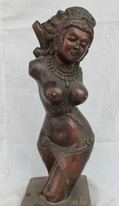 

17" Folk Chinese Bronze Copper Art armless Nude Belle Goddess Bust Tara Statue