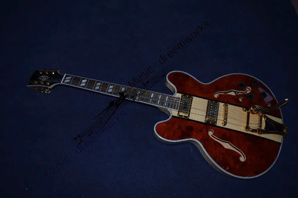 

China OEM firehawk shop electric guitar hollow jazz guitar Flamed Maple+Spalted Maple Big jazz vibrato system Gold hardware