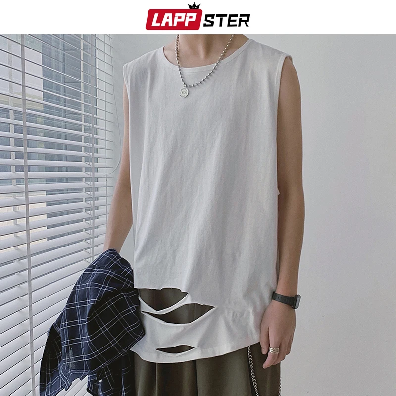 

LAPPSTER Men Hole Streetwear Sleeveless Tops 2019 Summer Hip Hop Singlet Sleeveless Tank Top Round Neck Sleeveless White