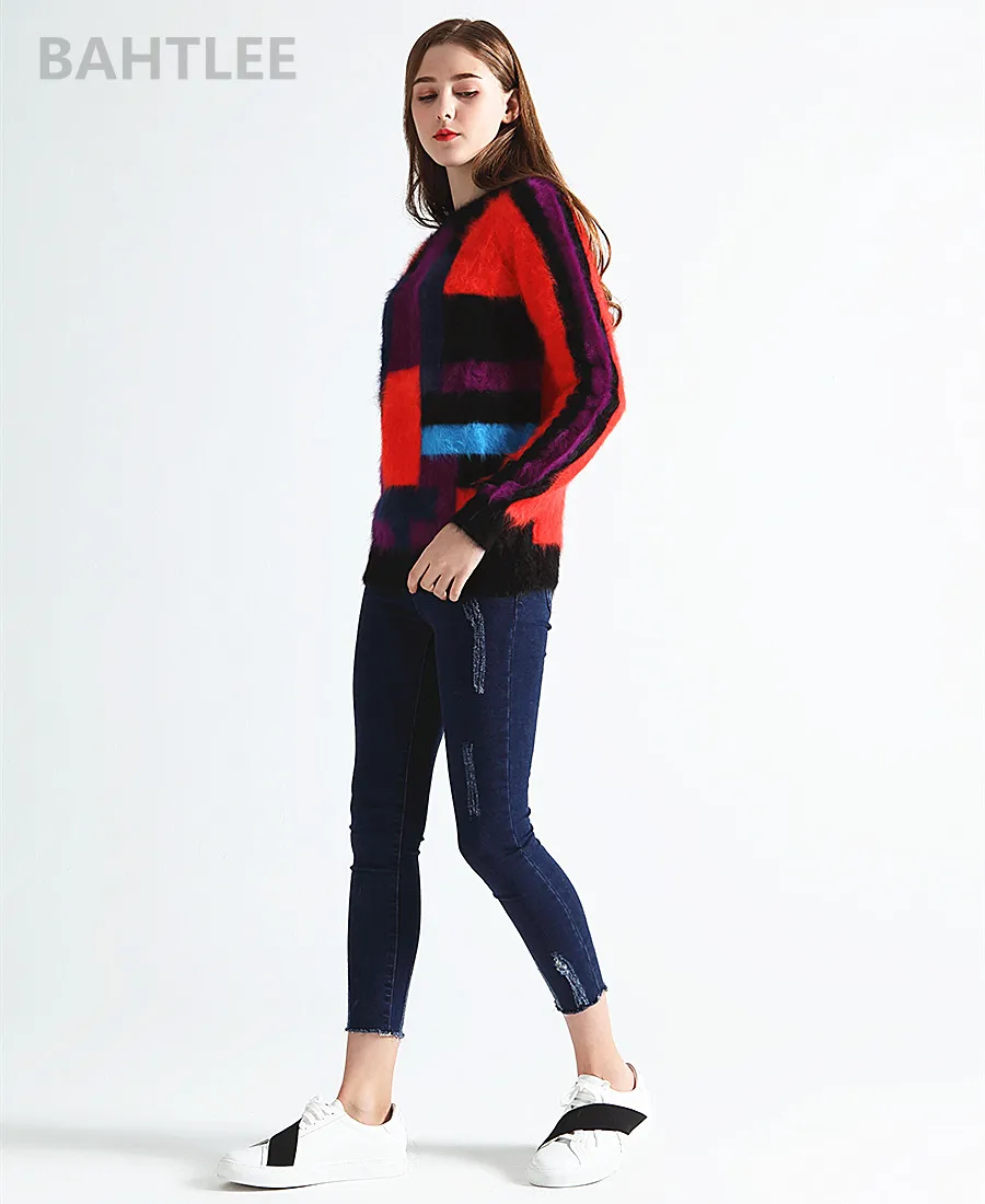 BAHTLEE осенне-зимние женские пуловеры из ангоры, свитер с круглым вырезом и длинными рукавами, сохраняющий тепло, цветные, многоцветные