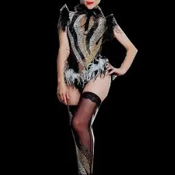 Glisten Rhinestones Mesh Bodysuit Leggings Black White Feather Outfit Nightclub Women Performance Outfit Birthday Party Wear white body suit Bodysuits