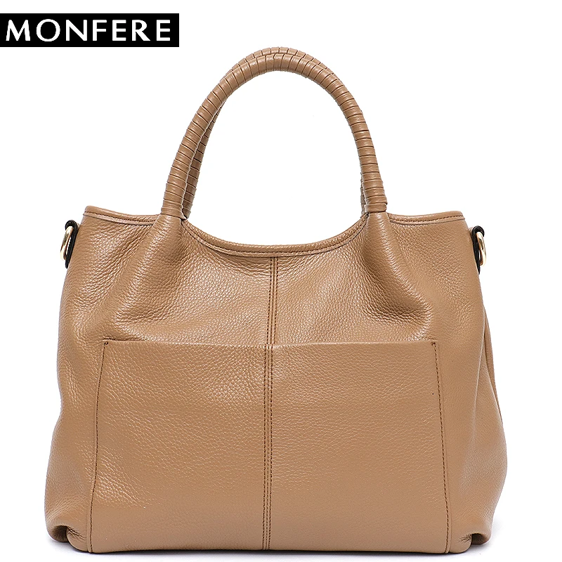 

MONFERE Genuine Cow Leather Top-handle Tote Bags for Women Soft Luxury Cowhide Messenger Bags Female Front Pockets Shoulder Bag