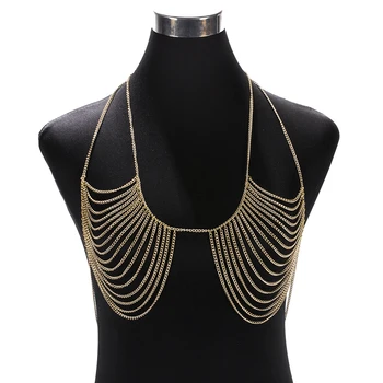 

Wholesale Sexy Bra Chain Bikini Body Chain Multilayered Body Jewelry Aluminum Thin Chain Silver Gold Color Halter Jewelry Women