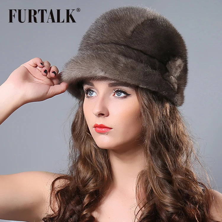 

FURTALK Russian Winter Real Mink Bucket Hat for Women Warm Natural Mink Fur Beanie Hats 2019