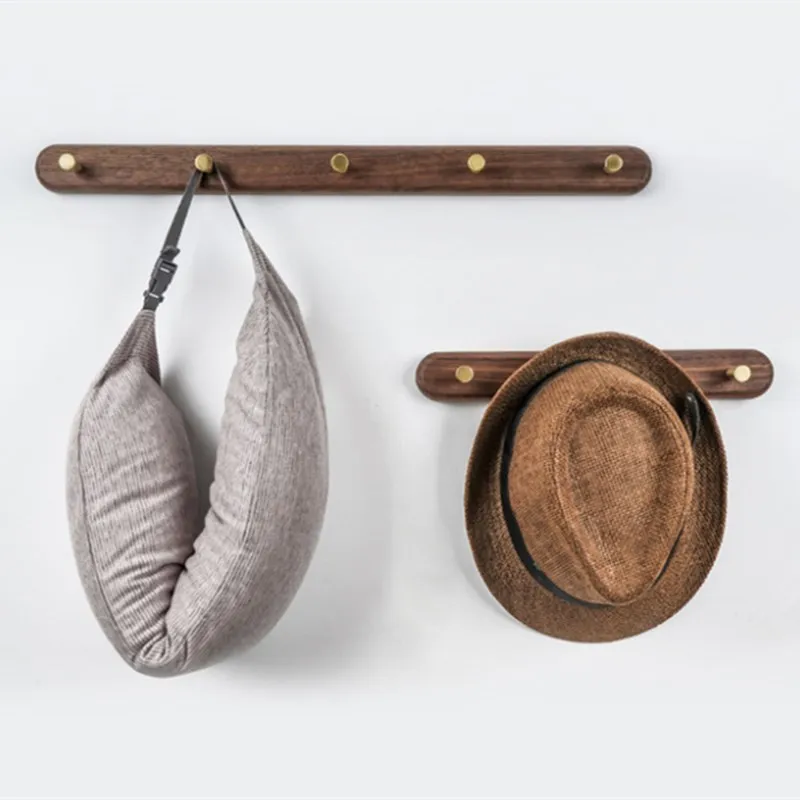 

Nordic Wood Coat Hook Brass Wall Hanging Hole Free Punching Clothes Hook Creative Porch Door Wooden Coat Rack 2/3/5 hooks