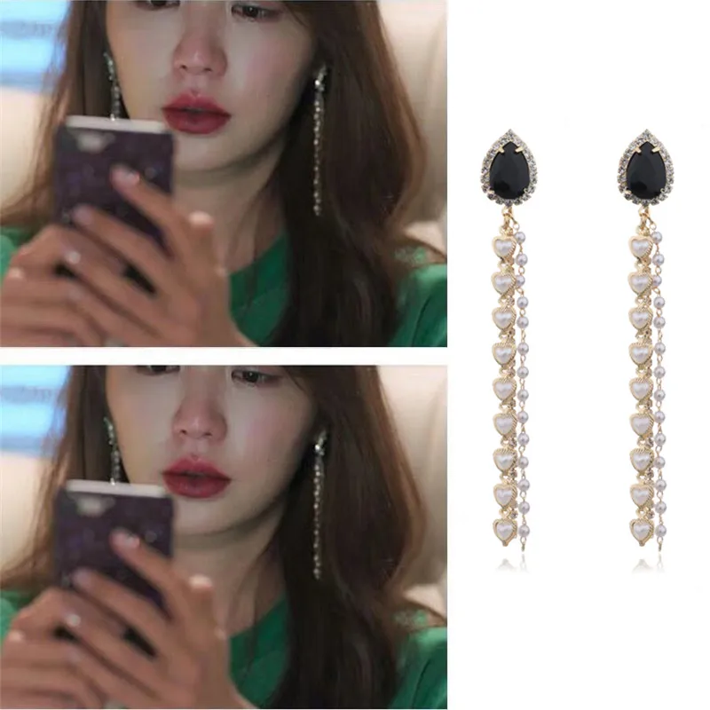 

MENGJIQIAO 2019 Korean Statement Big Water Drop Crystal Long Earrings For Women Heart Simulated Pearl Tassel Pendientes Brincos