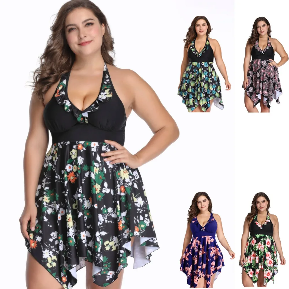 Kaufen Sommer Tiefe V Floral Frauen Schwimmen Kleid Große Größe XL 6XL Weibliche Bademode Große Bademode Sexy Plus Größe 4XL 5XL Schwimmen anzüge Bad